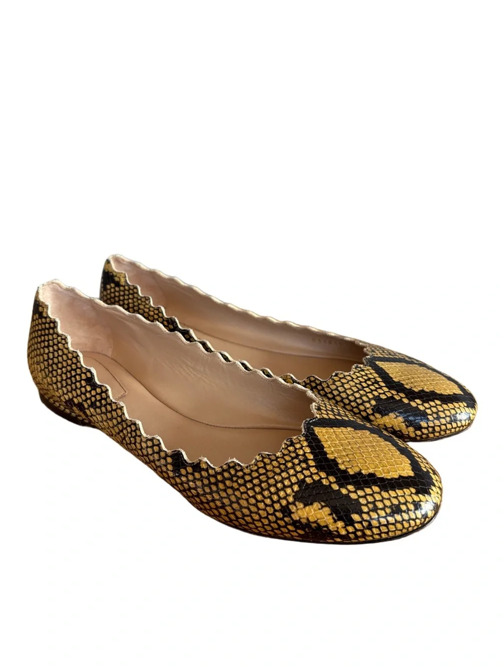 Chloé Lauren Scalloped Snake Print Ballet Flats Yellow Black Leather Designer